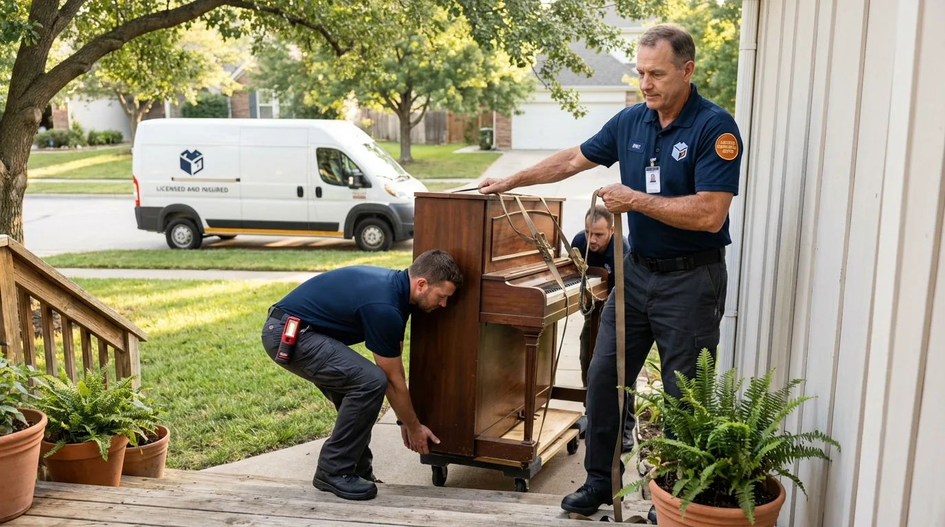 Licensed piano movers securing grand piano in Cambridge, MD