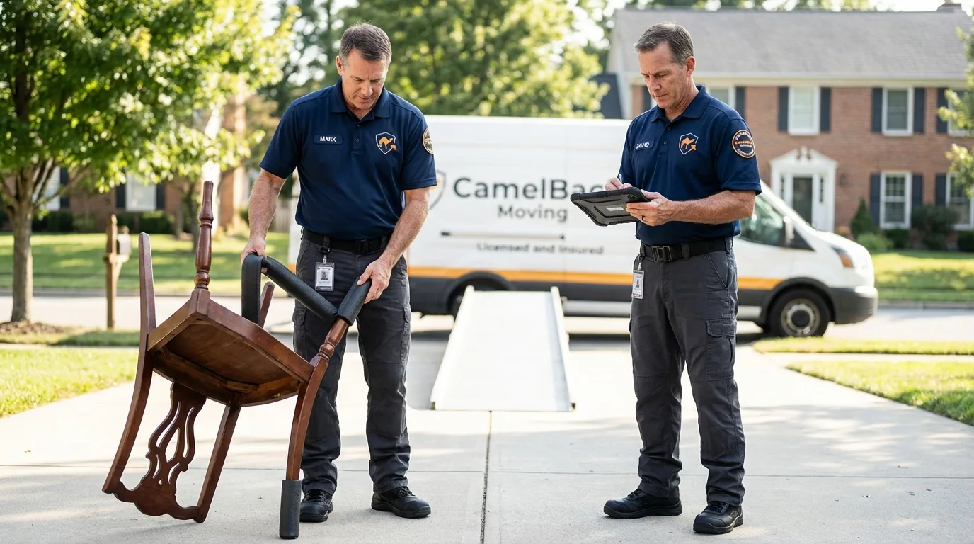 Movers inspecting furniture for damage prevention before loading in Cambridge, MD